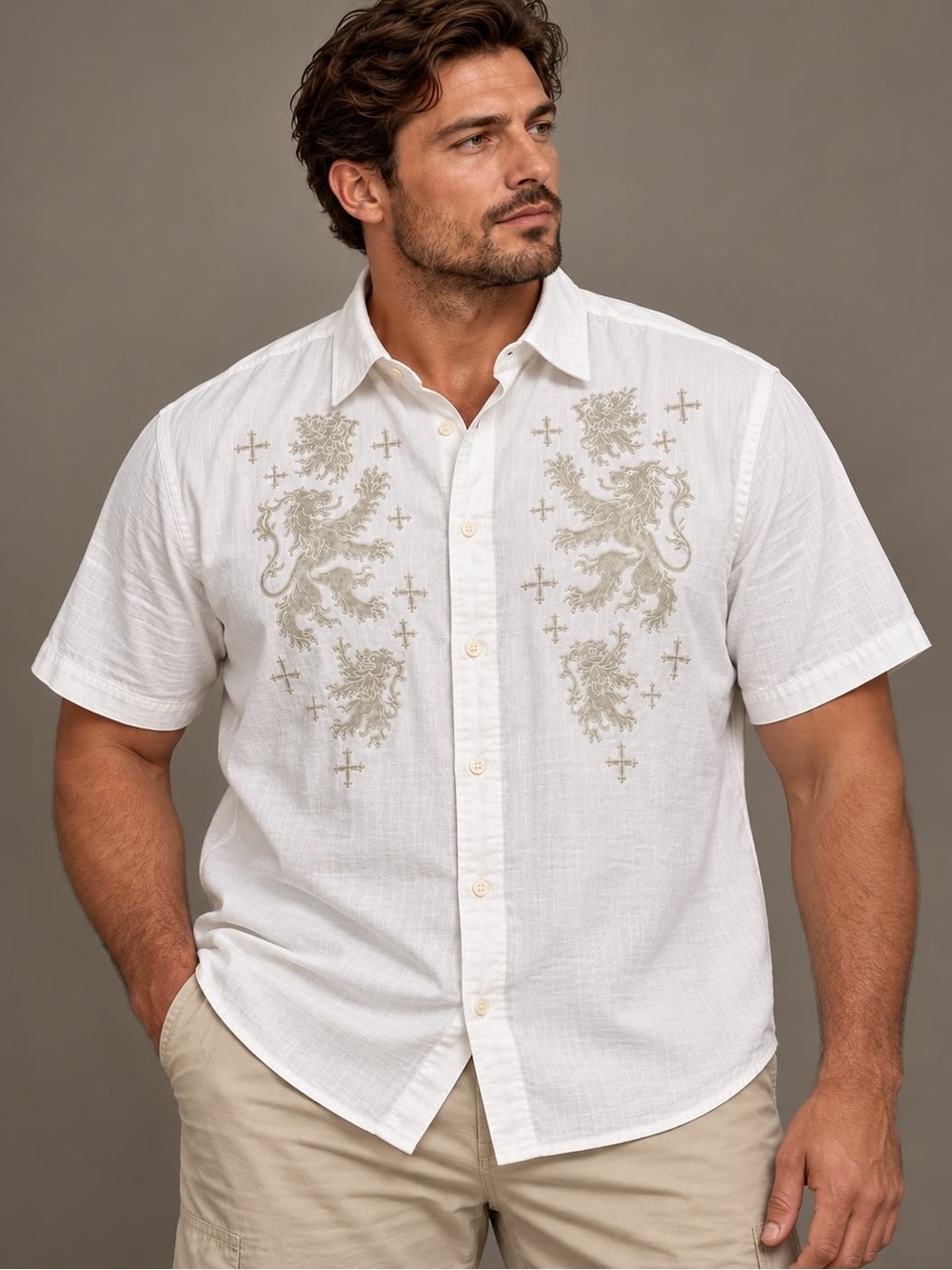 Avirex Men's White Short Sleeve Shirt XXL Velvet Lion Crest Y2K NWOT
